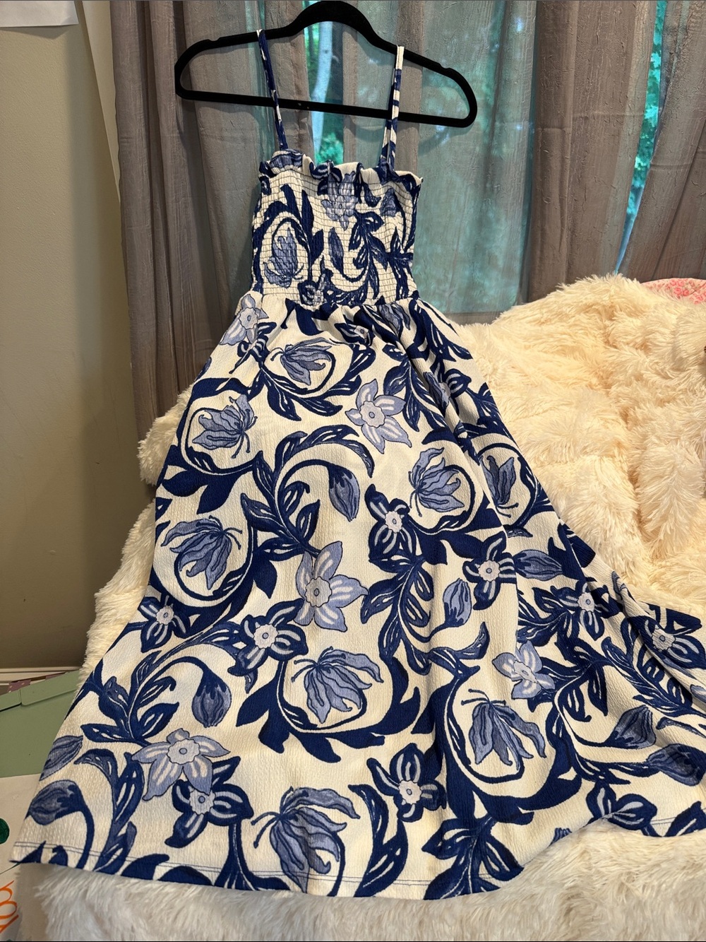H&M White and Blue Floral Midi Dress with Smocked Bodice